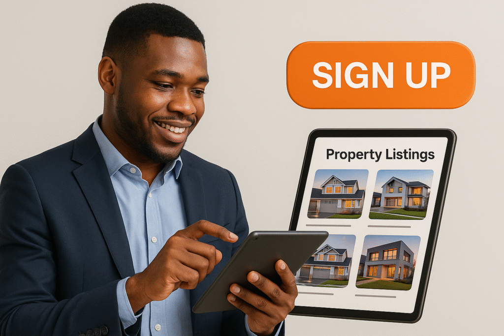 Real Estate Investments Young professional exploring Nigerian real estate listings on a tablet, call to action to sign up